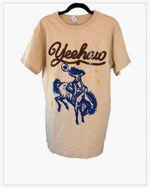 Goodie Two style Sleeves Tan Yeehaw Cowgirl Graphic T-Shirt